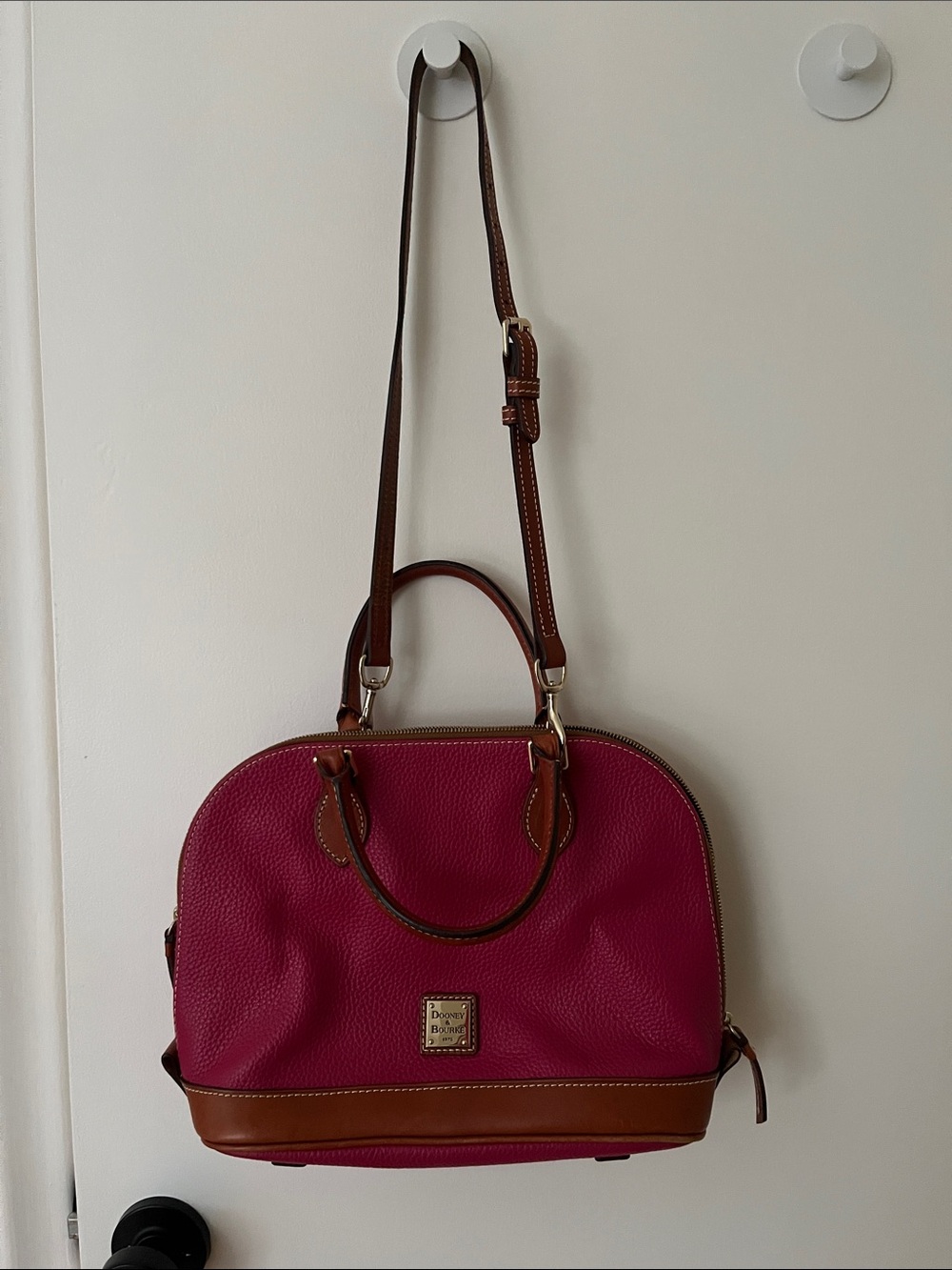 Dooney & Bourke Fuchsia Pebble Leather Satchel with Brown Trim